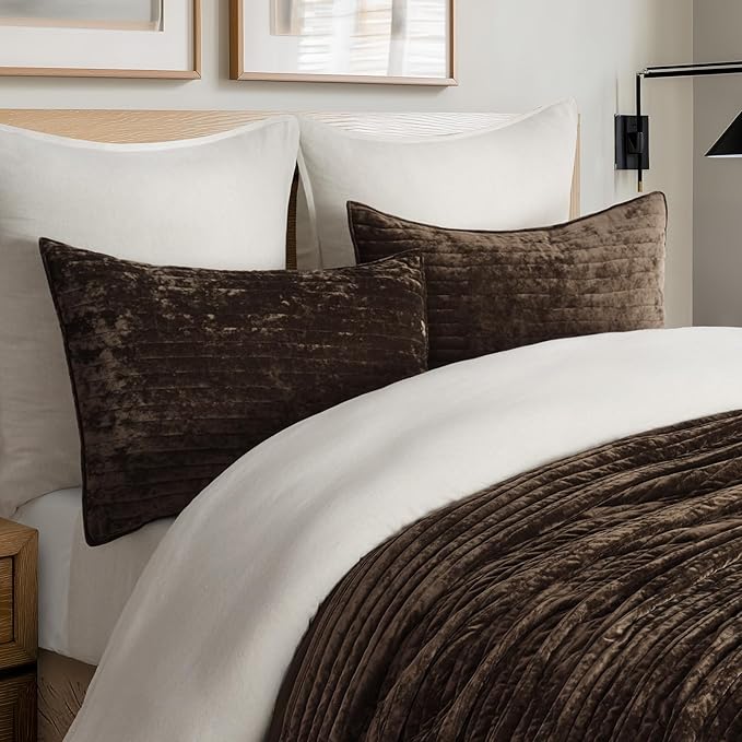 EVERGRACE Velvet Quilt Set California King 118'' x 106'', Luxurious Soft Striped Channel Bedding Set, Lightweight Velvet Comforter for All Season, Oversized Bedspread Coverlet w/ 2 Shams, Walnut Brown
