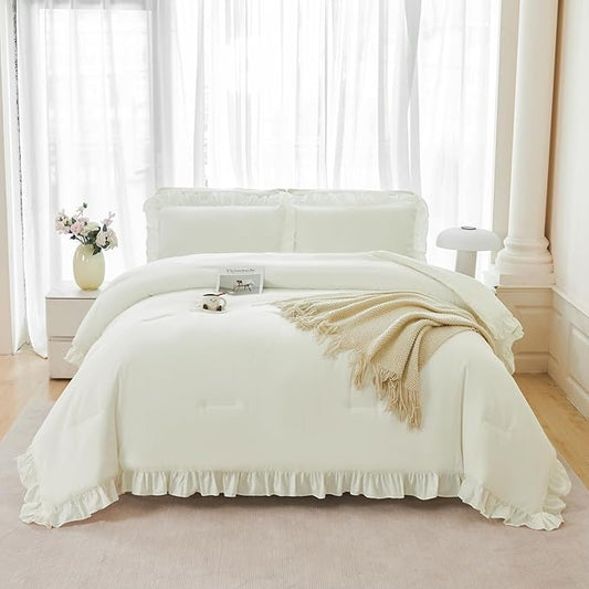 ANGIYUIN Queen Comforter Set Ivory 5 Pieces Beige Ruffled Bedding Sets Farmhouse Boho Bed in A Bag with Sheets Soft Shabby Chic Bed Set for Women Men(Ivory Queen)