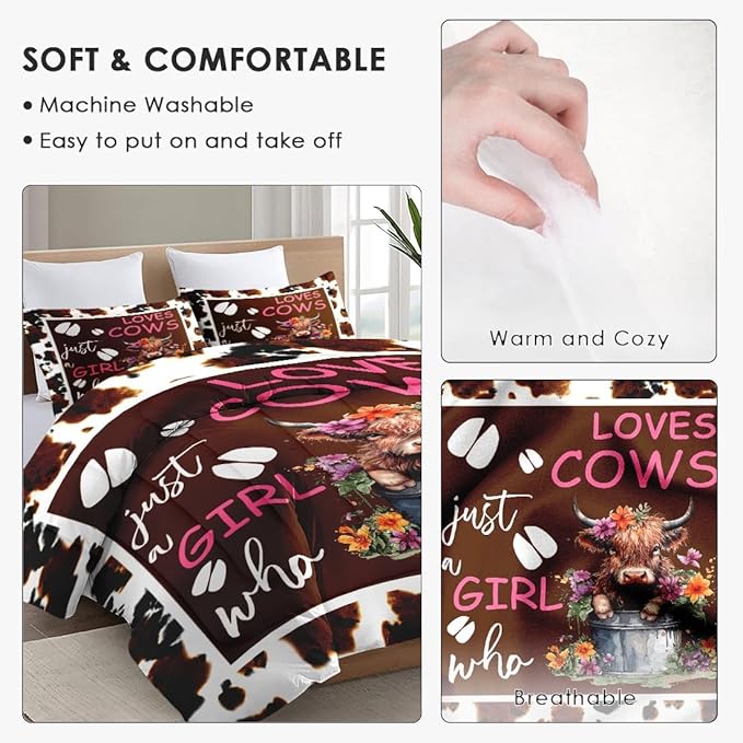 Twin Size Comforter Set with Pillowcase, Cow Print Flower Green Soft 2 Pcs Bedding for Kids and Adults, Cute Happy Highland Comforter Set for Bedroom Bed Decor