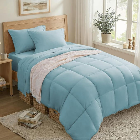 Anluoer Twin Comforter Set 5 Piece, Light Blue Bed in a Bag with Comforters, Pillow Shams, Pillowcases, Flat Sheet, Fitted Sheet