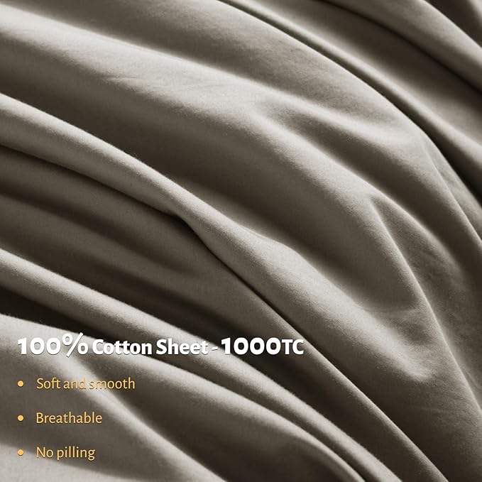 Shilucheng 100% Egyptian Cotton King Size Sheets Set - 1000 Thread Count，Luxury Cotton Bed Sheets，Breathable & Cooling Bedding and Pillow Cases, 16 Inch Deep Pocket - 4 Piece (Taupe, King)