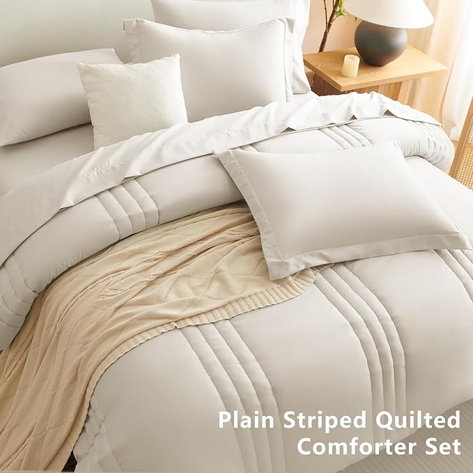 CozyLux Oversized King Comforter Set - 7 Pieces Bed in a Bag Beige Comforter Set with Sheets Luxury Bed Set All Seasons, Soft Bedding Set with Down Alternative Comforter, Sheets, Pillowcases & Shams