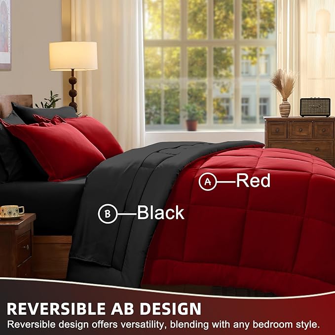 FUANNA Twin Comforter Set 5 Pieces, Reversible Twin Size Bed in a Bag with All Season Premium Comforter, Bed Sets Includes Comforter, Flat Sheet, Fitted Sheet, Pillowcase & Pillow Sham, Red & Black