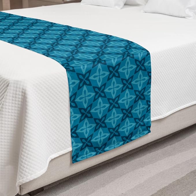 Lunarable Flower Bed Runner, Moroccan Flowers Design Geometric Blossoming Petal Pattern, Decorative Accent Bedding Scarf for Hotels Homes and Guestrooms, King, Ocean Blue