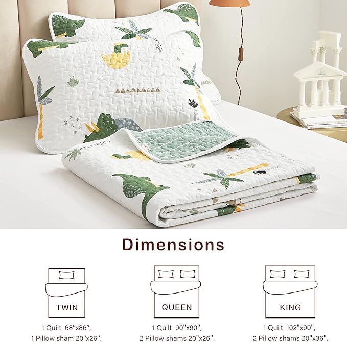 Joyreap 2-Piece Cotton Quilt Set Twin, Dinosaur Theme Green Color Design for Kids Boys n Girls, Smooth Soft Quilt Bedspread Bed Cover for All Season, 1 Quilt and 1 Pillow Sham- 68x86 inches