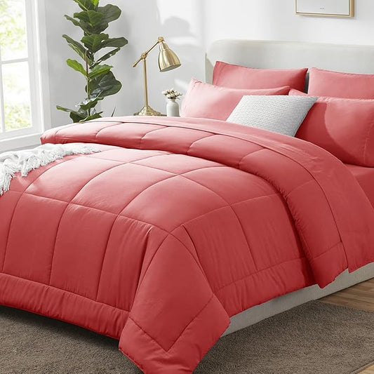CozyLux King Size Comforter Set Coral, 7 Pieces Bed in a Bag, Coral Comforter King Size, All Season Bedding Sets with Stitch Quilted Comforter, Flat Sheet, Fitted Sheet, Pillowcases