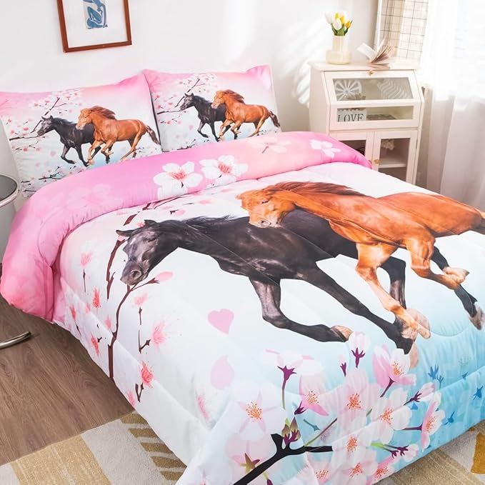 Feelyou Girls Horse Bedding Set Toddler Size Galloping Horses Comforter Set for Kids Teens Cherry Blossom Comforter 3D Wild Animal Duvet Set Farmhouse Bedroom Decor Quilt Set 2Pcs