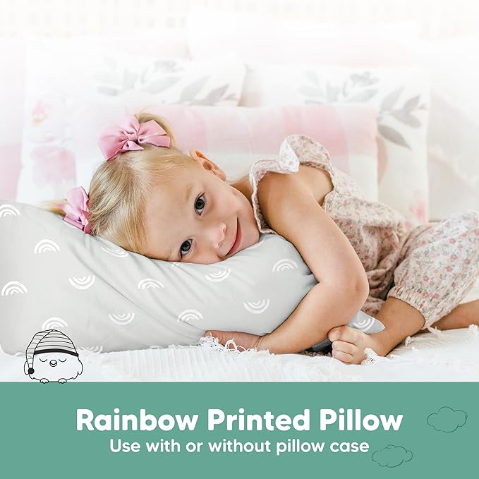 KeaBabies 1-Pack Toddler Pillows 2 Year Old to 5-13x18 Soft Organic Cotton Kids Pillow for Sleeping, Travel, School, Daycare, Nap, Toddler Bed, Machine Washable, Without Pillowcase (Gray Rainbow)