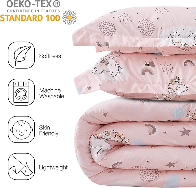 JSD Pink Unicorn Kids Comforter Set Full Size, 3 Piece Girls Rainbow Microfiber Comforter with Pillow Shams, Lightweight All Season Washable
