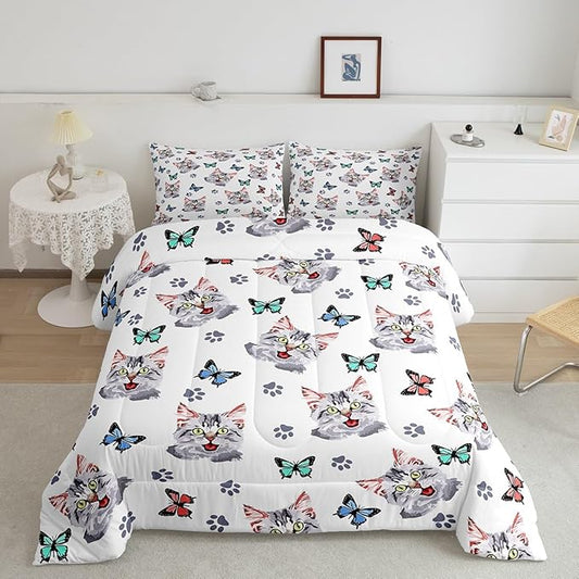 Feelyou Kids Cute Cat Comforter Set Colorful Butterfly Cute Kitten Bedding Set for Boys Girls Cartoon Pet Cats Comforter Kawaii Animal Quilt Room Decor Duvet Set Queen Size Boys
