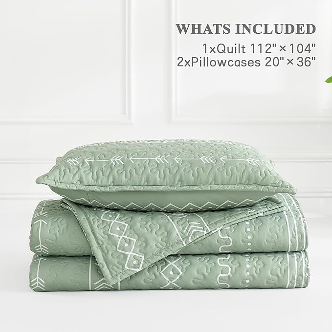 Andency Sage Green California King Quilt Set, 3 Pieces Boho Lightweight Soft Striped Cal King Bedspread for All Season (112"x104"), Printed Bohemian Microfiber Reversible Coverlet Comforter Sets