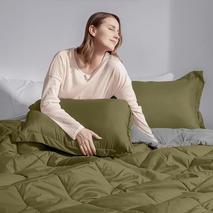 Beyond Twin Comforter Set - Olive Green/Charcoal Gray, Reversible, All Seasons - 1 Comforter (66"x92") and 1 Pillow Sham (20"x26"+2")