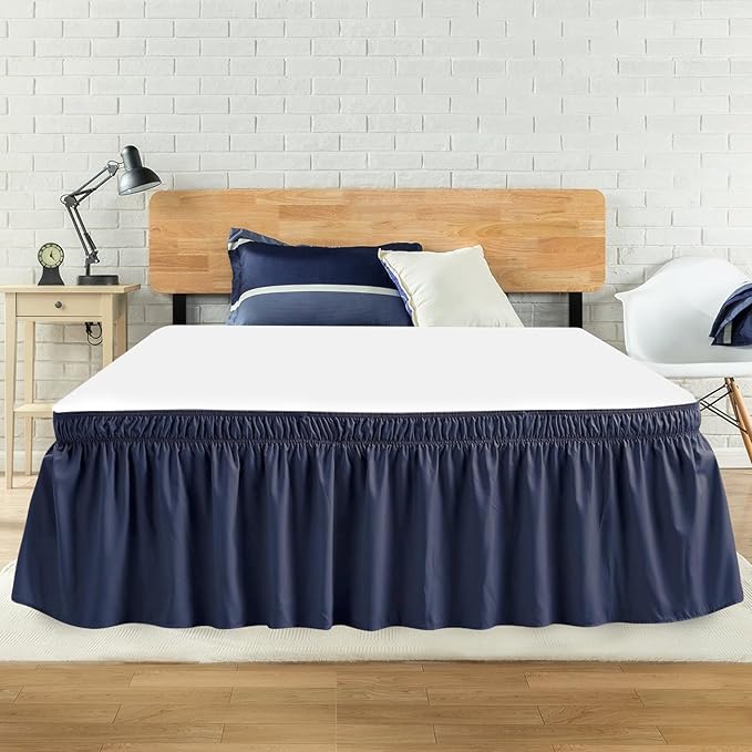 Queen Bed Skirt, Elastic Wrap Around Bed Skirt Queen Size, Bed Skirts for Adjustable Bed, Easy Fit with 18" Drop Length Tailored Drop Dust Ruffle (Navy)