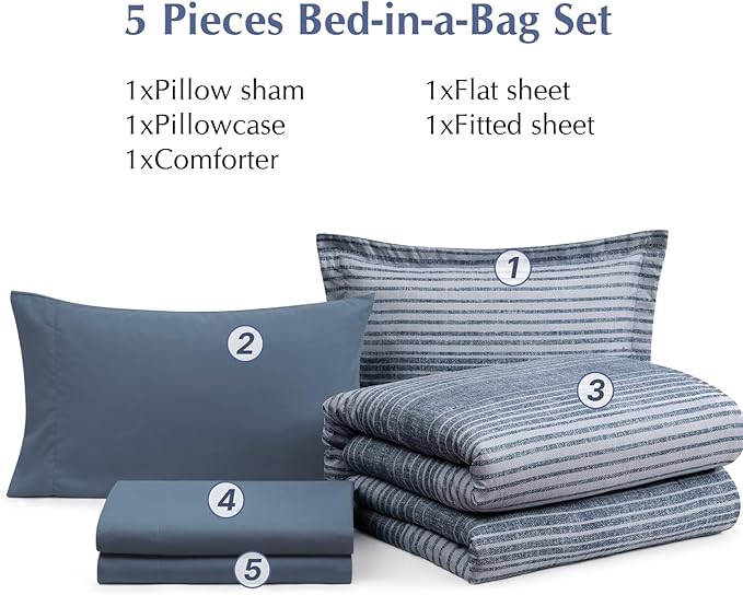 Twin XL Comforter Set Striped, Lake Blue Bedding Set 5 Pieces for Boys Girls Teen, All Season Bed in a Bag for Dorm with Sheets, Pillowcase & Sham