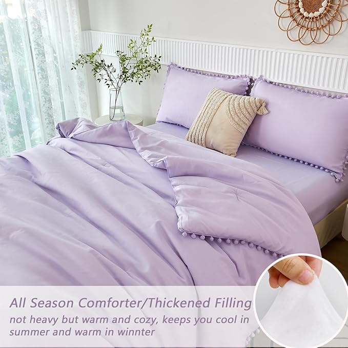 PERFEMET 5 Pcs Girls Lavender Comforter Sets Full Boho Pom Pom Fringe Bedding Comforter with Sheet Set Soft Cute Purple Girls Bed in A Bag for All Season(Lavender, Full)