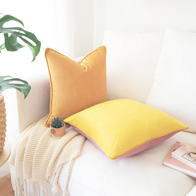 MONDAY MOOSE Decorative Throw Pillow Covers Cushion Cases, Set of 2 Soft Velvet Modern Double-Sided Designs, Mix and Match for Home Decor, Pillow Inserts Not Included (20x20 inch, Yellow/Pink)