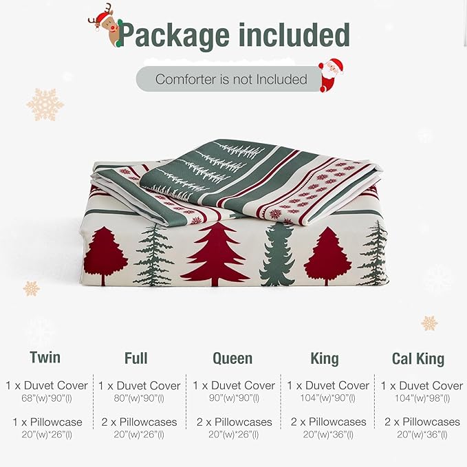 Lekesky Christmas Duvet Cover King Size,3 Pieces Reversible Green Christmas Reindeer Snowflake Holiday Bedding Set with Zipper Closure and 8 Corner Ties(1 Duvet Cover 104×90 inches + 2 Pillowcases)