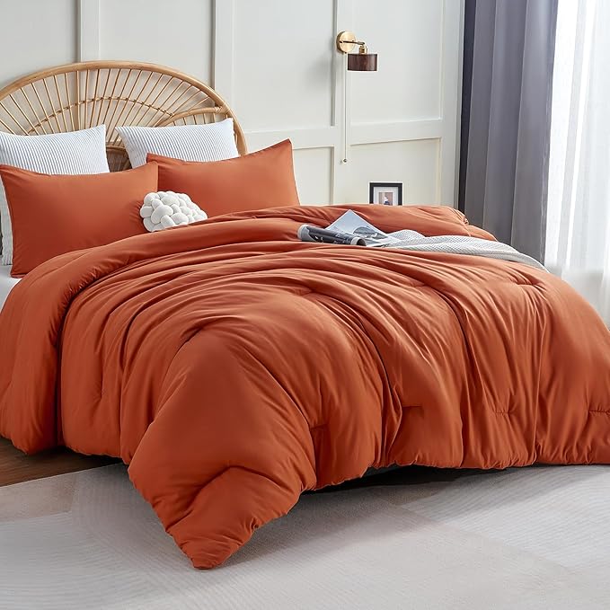 CozyLux California King Comforter Set Burnt Orange, 3 Pieces Cal King Terracotta Solid Breathable Bedding Sets, Luxury Soft Quilt Bed Set with Down Alternative Comforter (1 Comforter & 2 Pillowcases)