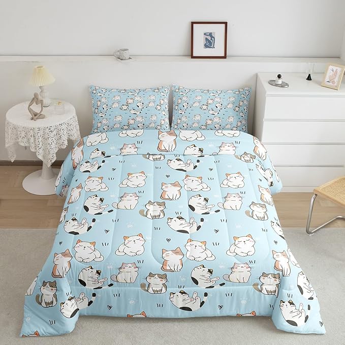 Erosebridal Cat Duvet Insert Queen, Kawaii Garfield Cat Bedding Set for Kids Boys Girls, Paw Print Love Heart Comforter Set, Cartoon Animals Soft Quilt 3 Pieces, Blue