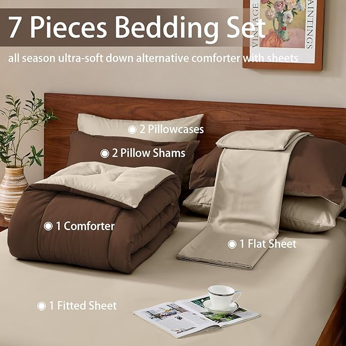FUANNA King Size Comforter Set 7 Pieces, Reversible Bedding Sets with All Season Comforter, Bed in a Bag Includes Comforter, Flat Sheet, Fitted Sheet, Pillowcases & Shams, Dark Brown & Oatmeal