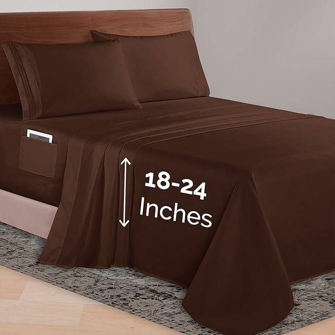 Elegant Comfort Luxurious 1500 Premium Hotel Quality Microfiber 4-Piece Sheet Set, 18-24 Inches Deep - Extra Deep Pocket Sheets - Ultra Soft 4PC Deep Pocket Sheets, Queen, Chocolate Brown
