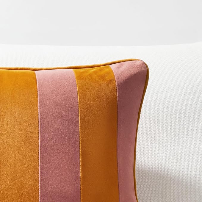 MONDAY MOOSE Decorative Throw Pillow Covers Cushion Cases, Set of 2 Soft Velvet Striped Piping Edge Designs, Pillow Inserts Not Included (22x22 inch, Pink/Honey)