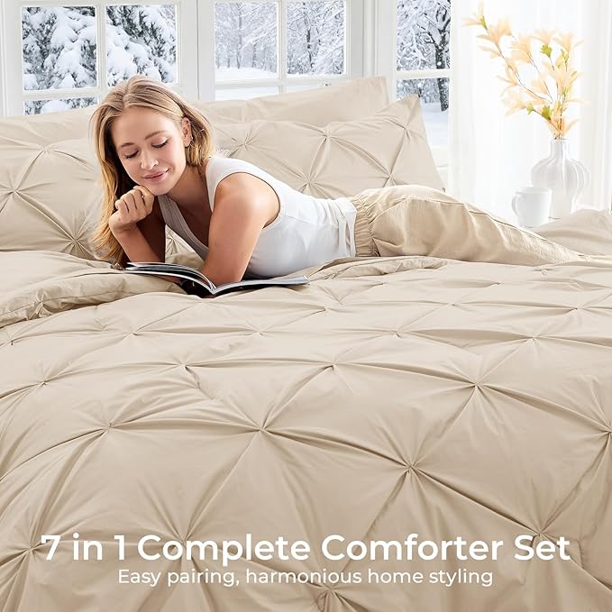 Sasttie California King Comforter Set, 7-Piece Bed in a Bag Cal King, Pintuck Bedding Set for All Season, Includes Comforter, Flat Sheet, Fitted Sheet, Pillowcases and Pillowshams, Warm Beige
