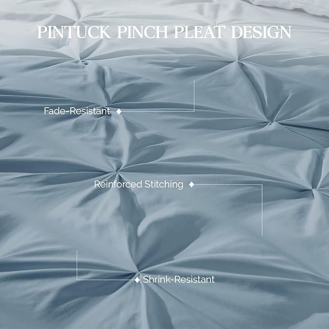 Andency Grayish Blue Pinch Pleat Comforter Full(79x90Inch), 3 Pieces(1 Pintuck Comforter and 2 Pillowcases) Solid Soft Down Alternative Microfiber Lightweight Bedding Set All Season