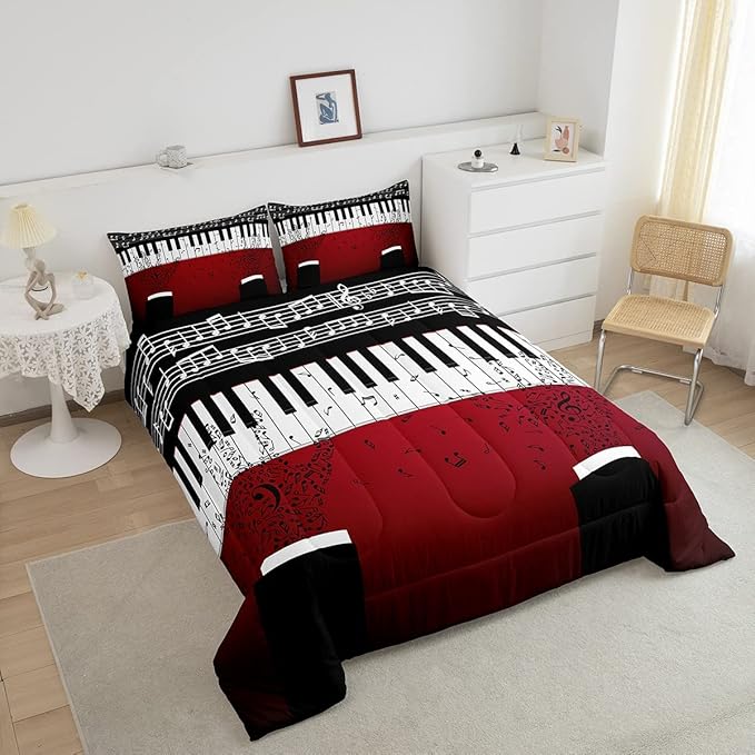 Erosebridal Music Notes Comforter Set for Kids Boys Teens Men Piano Keys Down Comforter Twin Size Rock Musical Bedding Set Play Piano Duvet Sets Music Bedroom Decor with 1 Pillow Case Red Black