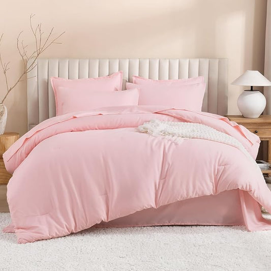 Litanika Queen Comforter Set Pink - 7 Pieces Bed in a Bag Queen Bedding Comforter Sets, Solid Lightweight Bed Set with Comforter, Sheets, Pillowcases & Shams