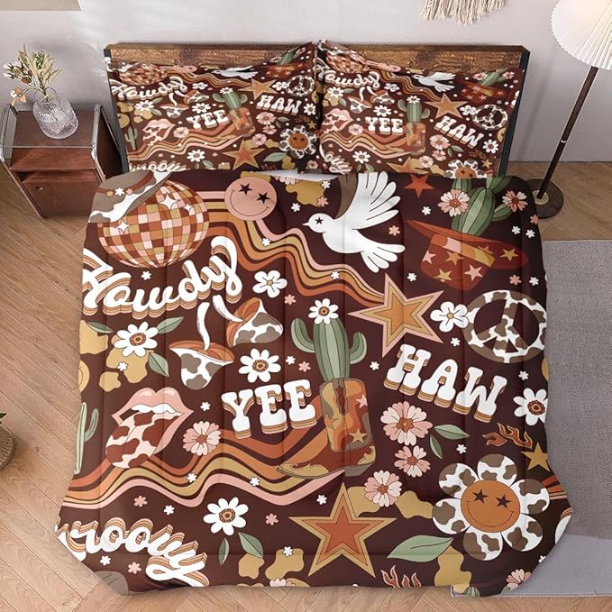 Queen Size Comforter Set with 2 Pillowcases, 70S Retro Western Hippie Cowboy Soft 3 Pcs Bedding for Kids and Adults Bedroom Bed Decor