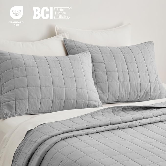EVERGRACEHOME 100% Cotton Box Stitch Quilt Bedding Set King Size 3 Pieces, Garment-Washed Lightweight Soft Cozy Coverlet, Oversized Quilted Bedspread Sets with 2 Shams for All Season, Fog Gray