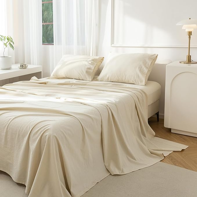 JIYUAN 100% Washed Cotton Sheet Set 4 Pieces Queen,1 Fitted Sheet,1 Flat Sheet and 2 Pillowcases,Comfy and Breathable Linen Like Bedding Set,Heathered Beige