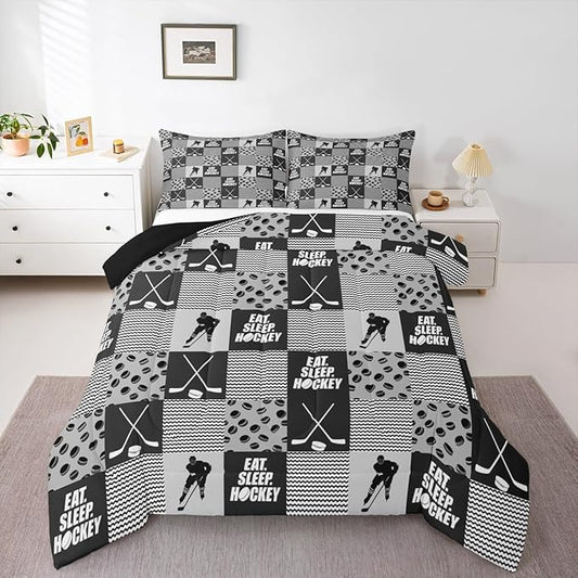 Ice Hockey Comforter Sets For Boys King Black White Grey Winter Sports Games Down Comforter Kids Teen Room Decor,Hockey Pucks Player Bedding Set Geometric Checkered Stripes Quilt Duvet 2 Pillow Cases
