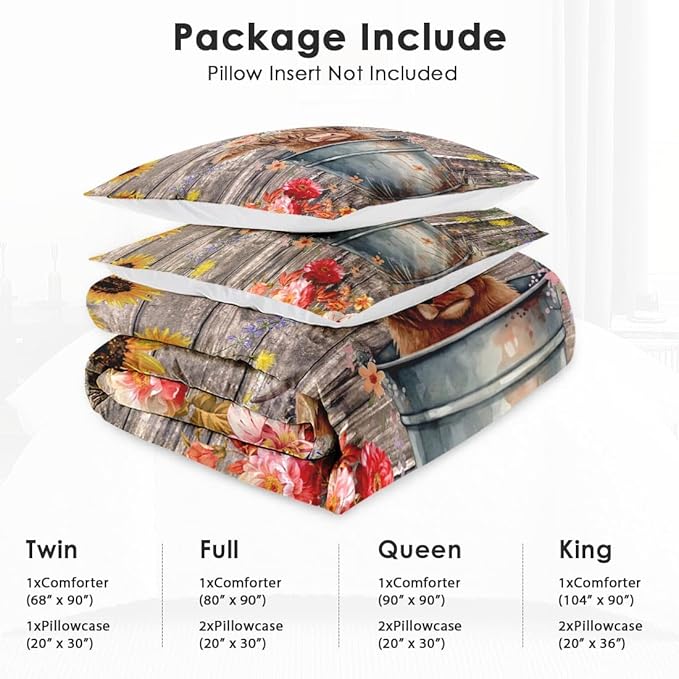 King Size Comforter Set with 2 Pillowcases, Happy Cute Cartoon Soft 3 Pcs Bedding for Kids and Adults, Highland Cow Flower Comforter Set for Bedroom Bed Decor