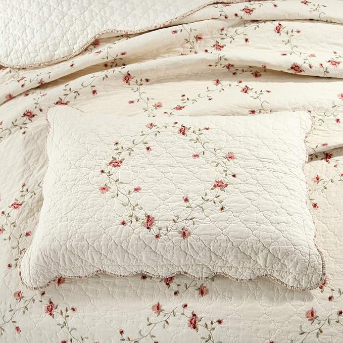 vctops 3-Piece Floral Embroidered Bedspread Coverlet Set Twin Size 100% Cotton Reversible Patchwork 1 Quilt and 2 Pillow Shams (Flower,Twin)