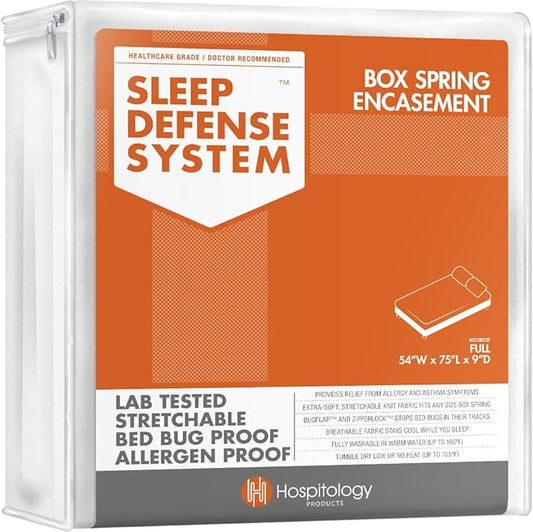 HOSPITOLOGY PRODUCTS Box Spring Encasement - Zippered Bed Bug Dust Mite Proof Hypoallergenic - Sleep Defense System - Full/Double –54" W x 75" L - Low Profile 6"