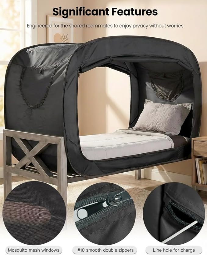 Bed Tent Full Bed Canopy Portable Dream Tent for Adult Indoor Sleeping Tents with 2 Doors Breathable Private Space Tents, Black