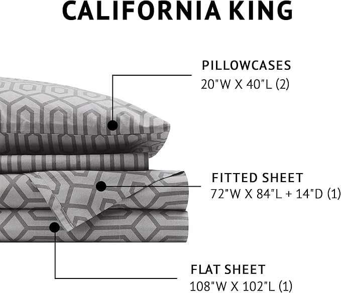 Comfort Spaces 100% Cotton Sheet Set Breathable, Lightweight, Soft with 14" Elastic Pocket Fits up to 16" Mattress, All Season Cozy Bedding, Matching Pillow Case, Cal King Diamond Sliver 4 Piece