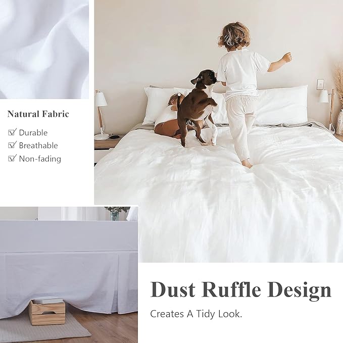 Simple&Opulence Belgian Linen Bed Skirt with Classic 14 inch Tailored Drop Dust Ruffle, Easy Fit Breathable Premium Natural Flax- Basic White, Queen