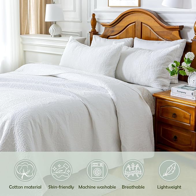 White 100% Cotton King Quilt Set, 3 Piece Modern Textured Bedspread with Coin Pattern, Lightweight Crinkly Coverlet Sham Set, Soft Minimalist All Season Bedding, Garment-Washed