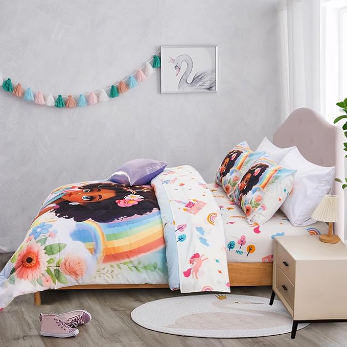 A Nice Night Rainbow Unicorn Flower Kids Comforter Set for Girls 6 Pieces Bed Sets with Sheets - Lightweight Soft Queen Size Polyester Fiber Bedding Set for Girls Bedroom,Queen