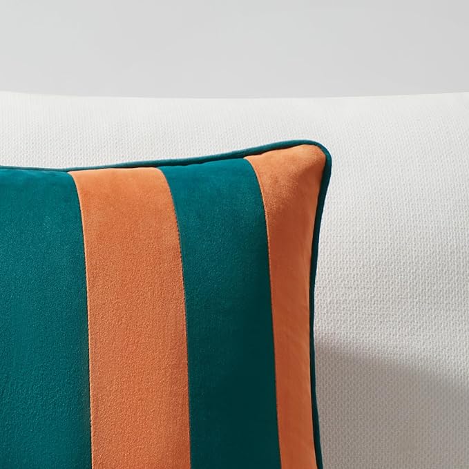 MONDAY MOOSE Decorative Throw Pillow Covers Cushion Cases, Set of 2 Soft Velvet Striped Piping Edge Designs, Pillow Inserts Not Included (16x16 inch, Coral/Dark Teal)