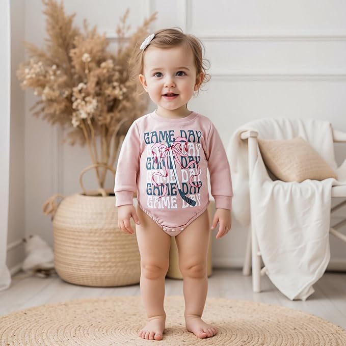 Newborn Infant Baby Girl Game Day Outfit Bows Hockey Onesie One Piece Long Sleeve Romper Winter Clothes