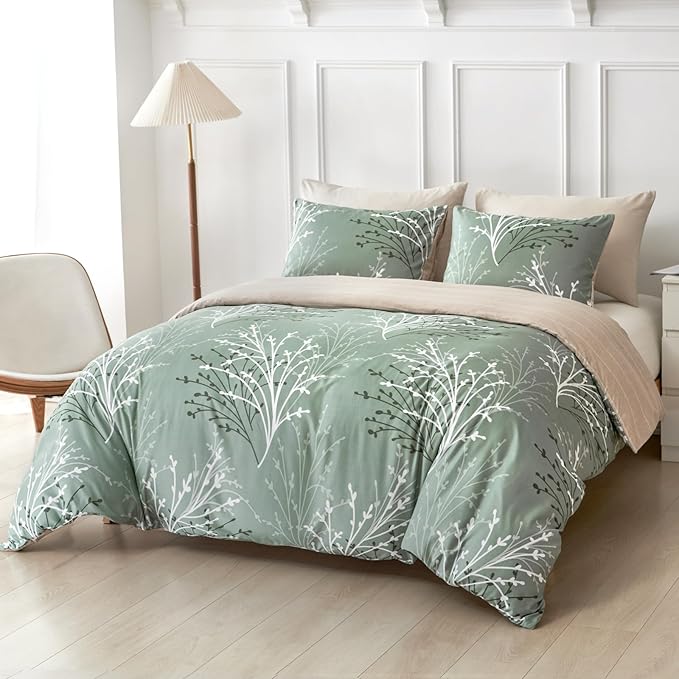 Lekesky Green Duvet Cover King Size, Reversible Floral King Comforter Cover with Branch Pattern, Soft 100% Washed Microfiber 3 Pieces Green Bedding Set with Zipper and 2 Pillowcases 20"x36"