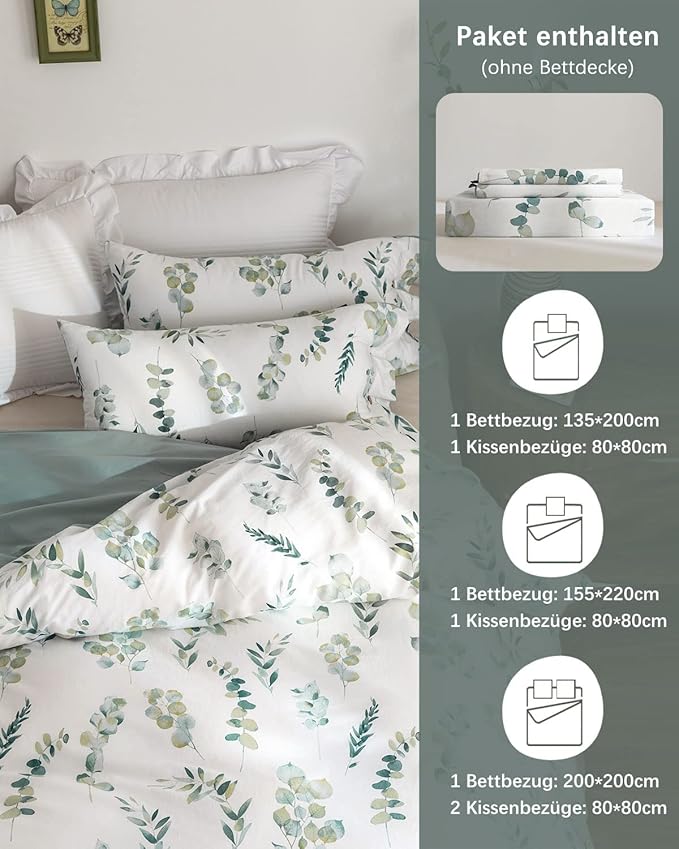 MILDLY 135x200 Duvet Cover Set 100% Washed Cotton Comforter Cover with 1 Pillow Shams 80x80
