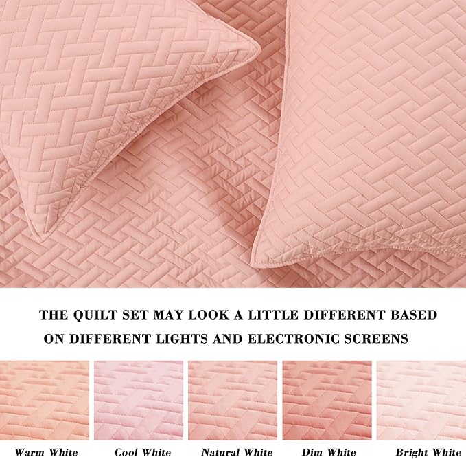 Exclusivo Mezcla Full Queen Size Quilt Bedspreads with Basket Weave Pattern, Soft Lightweight Summer Quilts Bedding Set Coverlets Bed Cover for All Seasons, Blush Pink