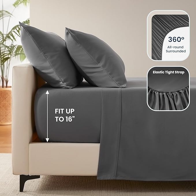 SLEEP ZONE Nanotex Super Soft Cooling Twin Bed Sheets Set for Kids 3 Piece - Easy Care Fitted Flat Sheet & Pillowcase Sets - Wrinkle Free, Fade Resistant, Deep Pocket 16" (Gray, Twin)