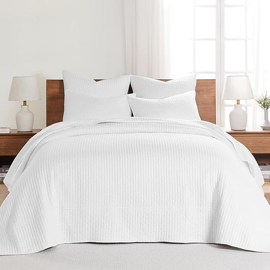 Levtex Home Cross Stitch Reversible Twin Bedspread Set (84x104in) with 1 Pillow Sham (26x20in) - Stitch Texture - Bright White - Cotton Twin Size Bedspread Set - Lightweight, Soft, Pre-Washed
