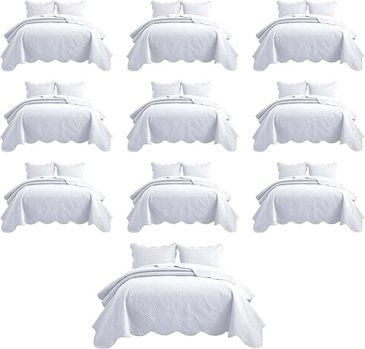 IR Imperial Rooms 10 Pack Queen Quilt Bedding Set (90" x 96") - Bulk Wholesale for Hotels, Guest Bedroom & Airbnbs - Lightweight Microfiber Reversible Floral Embossed Quilts Bedspreads (White)